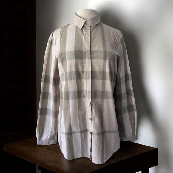 BURBERRY BRIT GREY MULTI CHECK PLAID COTTON SHIRT SIZE LARGE - Picture 1 of 16